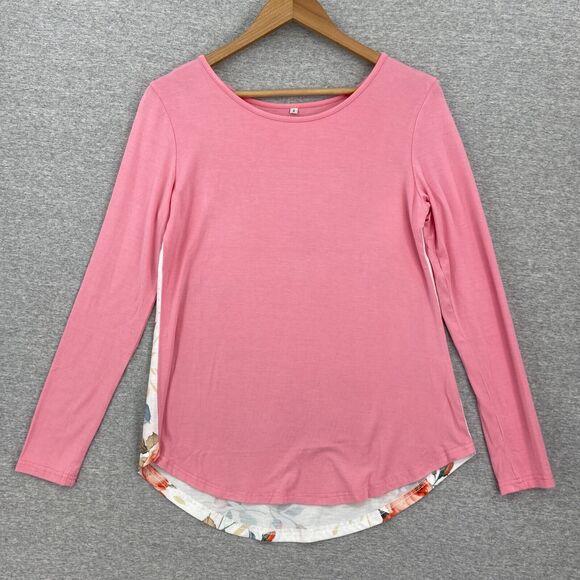Blouse Womens Small Pink White Floral Top Long Sleeve Round Neck Curved Hemline - Picture 1 of 11